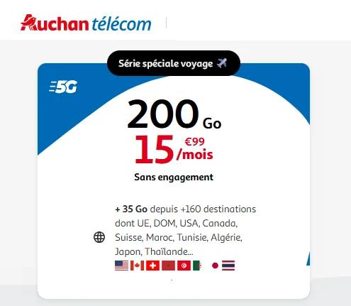 🌍 Auchan Telecom, forfait Voyage 200Go à 16€/mois