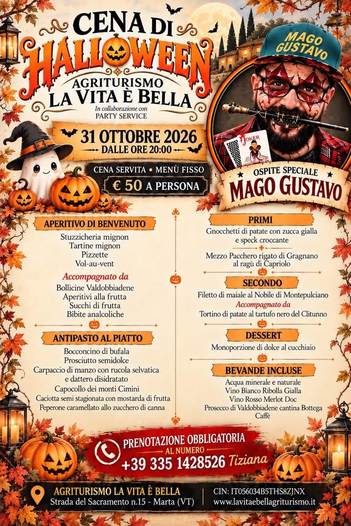 🎃🕸️ CENA DI HALLOWEEN NELL'AGRITURISMO LA VITA è BELLA 🕸️🎃 📅 Sabato 31 ottobre 2026, dalle ore 20:00, l’Agriturismo...