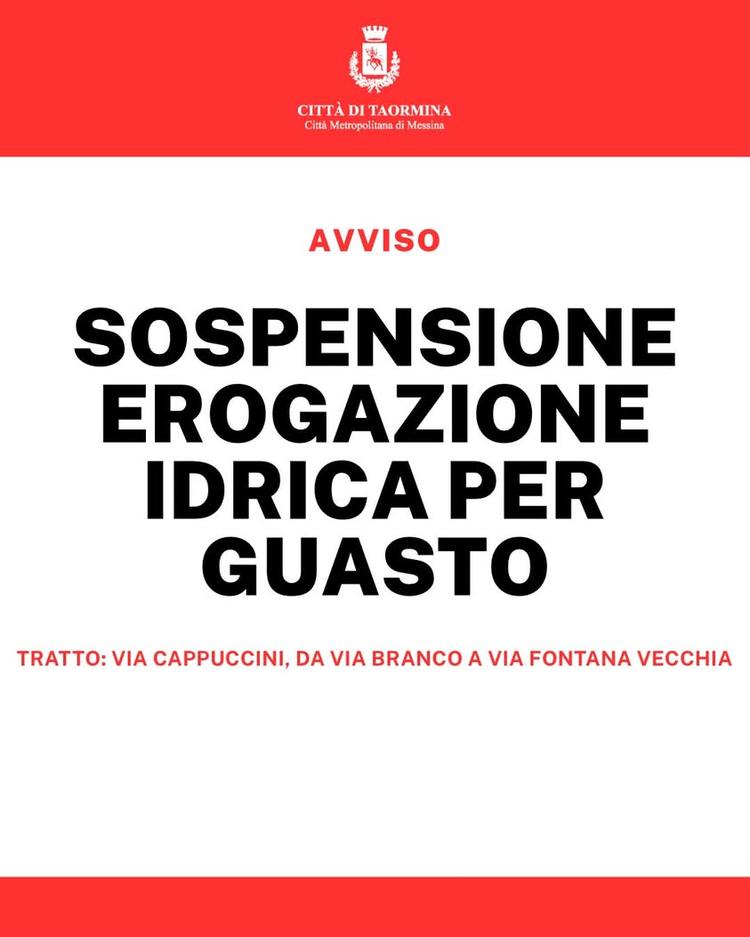 🔧 AVVISO INTERRUZIONE IDRICA A causa di un guasto improvviso sulla rete idrica, si comunica l’interruzione dell’erogazi...