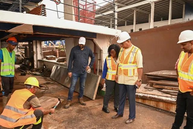 Guyana's Minister of Public Works Bishop Juan Edghill inspecting work on the MV Barima in 2024.