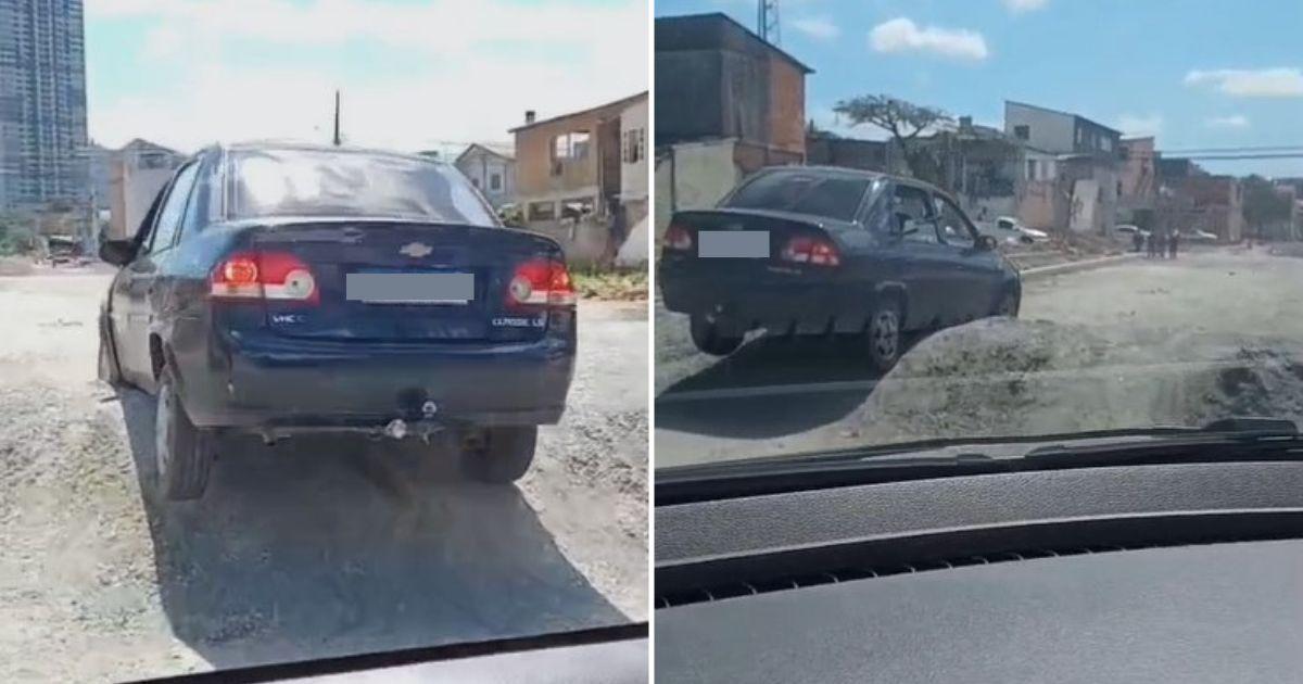 Vídeo: carro tenta furar bloqueio da Avenida Prefeito Meirinho e fica preso em barreira de brita