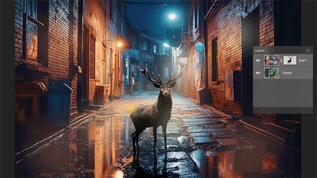 A gif depicting a user using Photoshop’s generative fill feature. Prompting photoshop to replace parts of a photo with newly generated imagery.