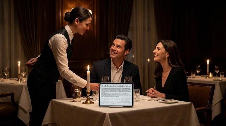 A high-end fine-dining room with candlelit tables, white linens, and deep shadows. A server leans in for a warm, genuine conversation with a seated couple. In the foreground, sitting on the table, a sleek, small tablet screen displays a dense block of text titled ‘Now Delivering: Our Standards of Service,’ visualizing the tension between traditional hospitality and automated service scripts.