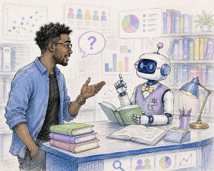 A hand-sketched watercolor illustration shows a Black male UX researcher talking with a friendly AI robot dressed as a librarian behind a reference desk. The robot gestures while consulting an open book as charts, bookshelves, and abstract research visualizations fill the background. Soft blues, purples, greens, yellows, and pinks create a warm, modern scene representing AI as a knowledgeable research assistant.