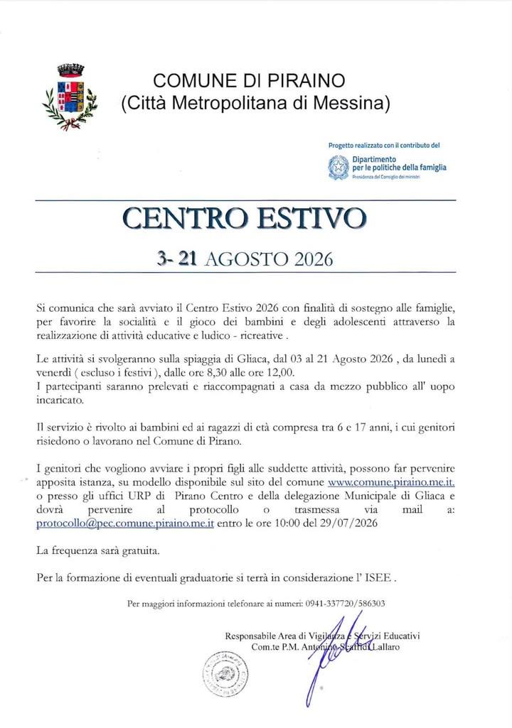 📌Centro estivo 2026: avviso e domanda di iscrizione❗️
