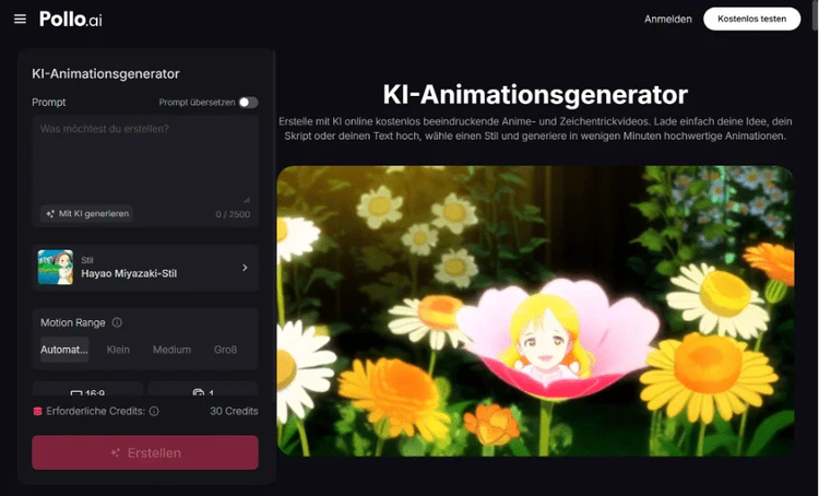 Screenshot des KI-Animationsgenerators mit Anime-Blumenmotiv