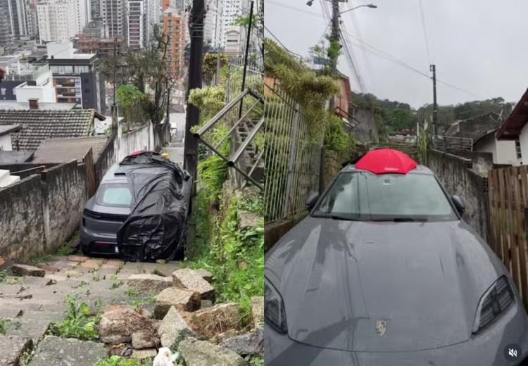Porsche fica preso em escadaria e motorista some após abandonar carro de luxo em Florianópolis