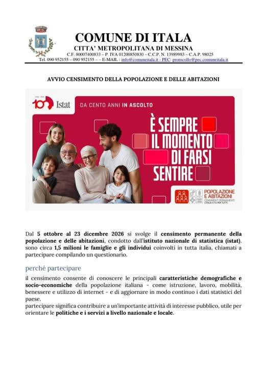 🏛️ AVVISO IMPORTANTE: CENSIMENTO PERMANENTE DELLA POPOLAZIONE E DELLE ABITAZIONI 2026 📊 Dal 5 ottobre al 23 dicembre 2...