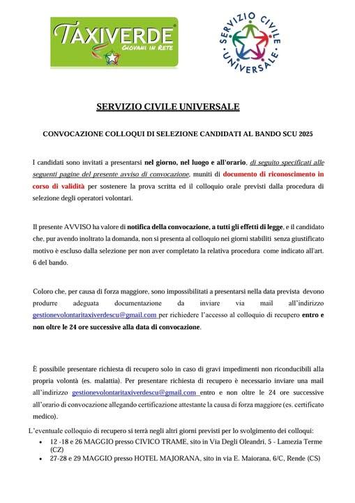 AVVISO  Convocazione colloqui servizio civile. si informano tutti i candidati di prendere visione sul sito di Taxiverde...