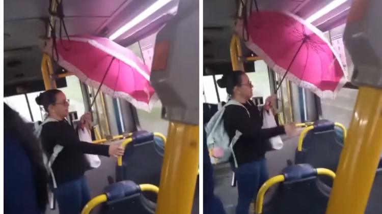 VÍDEO: passageira usa guarda-chuva em ônibus sem janela para se proteger da chuva no interior de SP