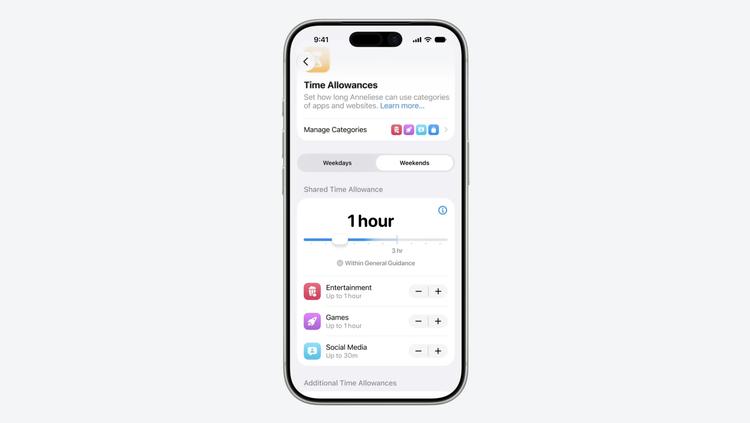 An iPhone displaying new Time Allowance settings.