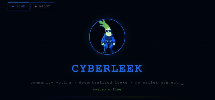 screenshot of the CyberLeek homepage featuring a pixelated leek character and text advertising community voting and decentralized leaks.