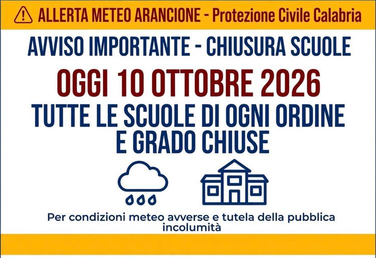 ⚠️ AVVISO CHIUSURA SCUOLE - OGGI 10 OTTOBRE 2026 ⚠️ A causa dell'Allerta Meteo ARANCIONE diramata dalla Protezione Civil...