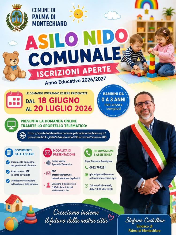 AVVISO IMPORTANTE: APERTE LE ISCRIZIONI ALL'ASILO NIDO COMUNALE 2026/2027 Il Sindaco Stefano Castellino, comunica alla C...