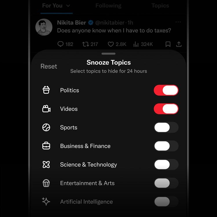 screenshot of snooze topics feature on x