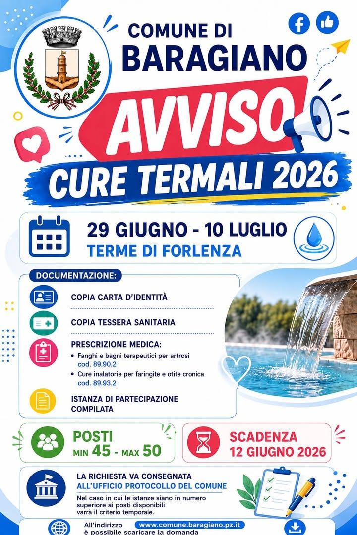 L'Amministrazione Comunale di Baragiano informa la cittadinanza che sono aperte le iscrizioni per il soggiorno termale 2...