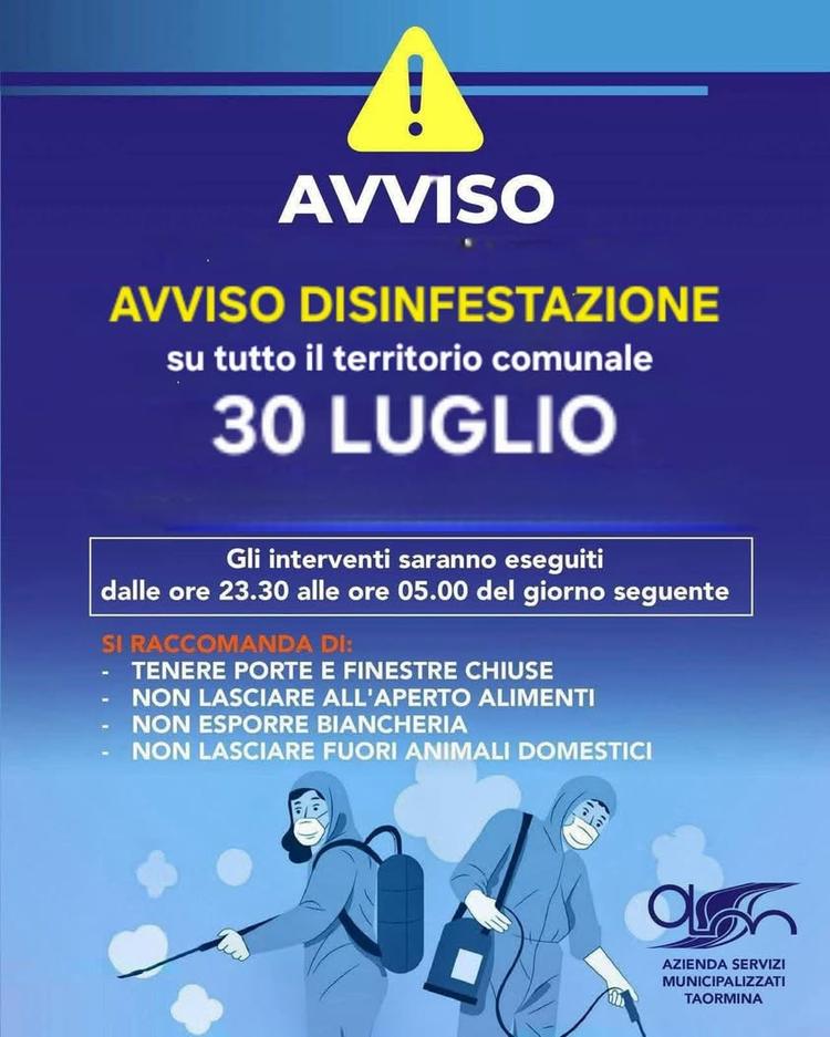 ASM Taormina informa i cittadini che saranno eseguiti INTERVENTI DI DISINFESTAZIONE  30 LUGLIO 2026 su tutto il territor...