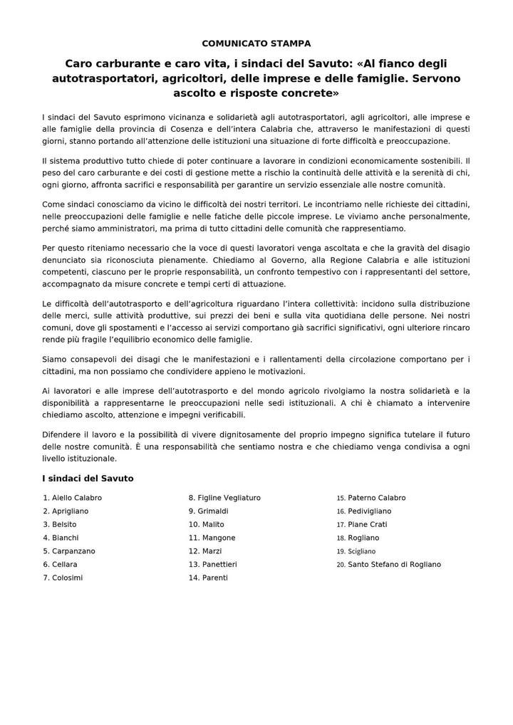 COMUNICATO STAMPA Caro carburante e caro vita, i sindaci del Savuto: 