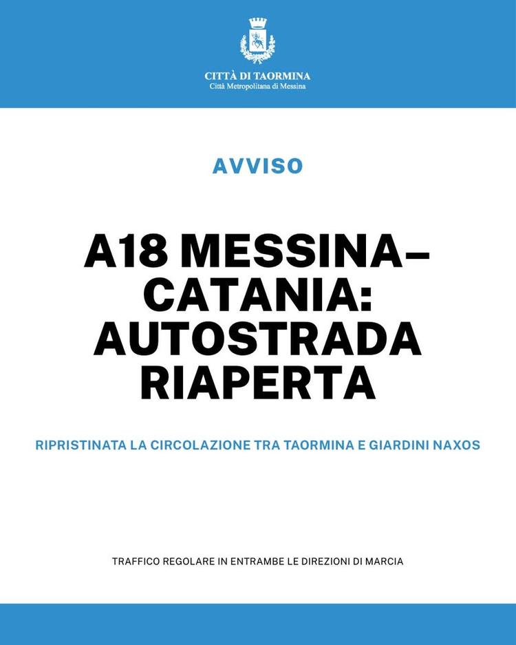 🟢 A18 MESSINA–CATANIA: AUTOSTRADA RIAPERTA AL TRAFFICO Si comunica che è stato riaperto al traffico veicolare, in entra...