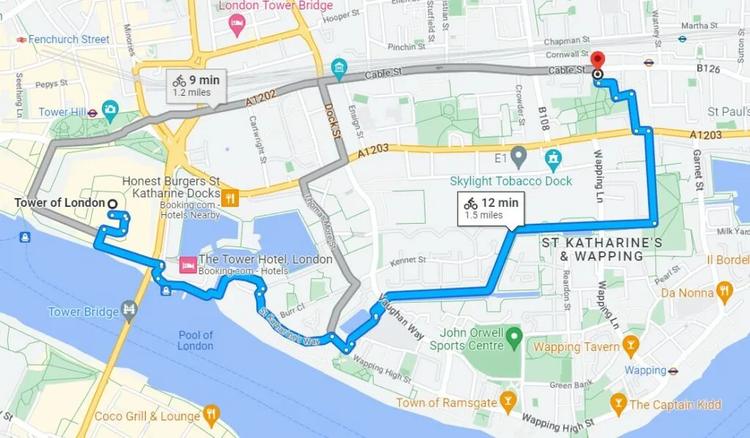 Part 3 of the Central London Route 30.5KM Cycle from the Tower of London passed St Katherine's Docks along the Thames Path towards Wapping