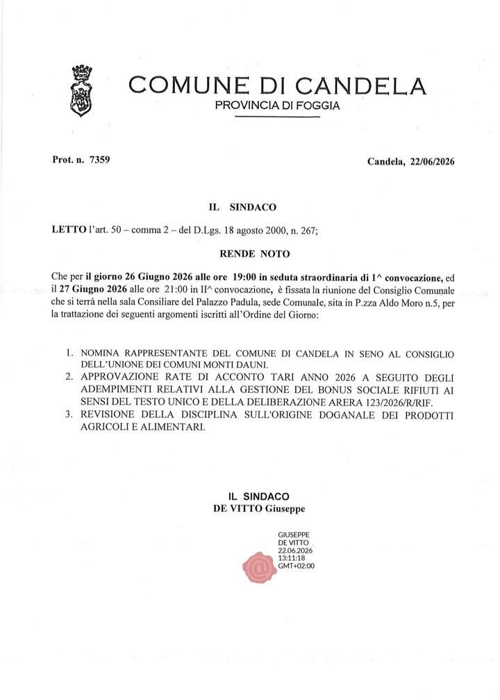 CONVOCAZIONE DEL CONSIGLIO COMUNALE DEL 26 GIUGNO 2026
