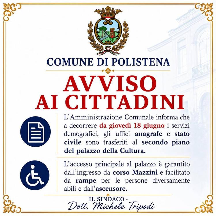 AVVISO AI CITTADINI 📝 L’Amministrazione Comunale informa che a decorrere da giovedì 18 giugno i servizi demografici, gl...