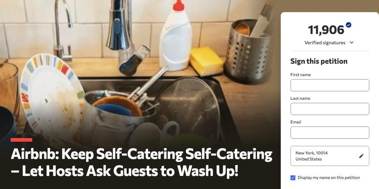 Screenshot of a petition titled “Airbnb: Keep Self-Catering Self-Catering – Let Hosts Ask Guests to Wash Up!” showing a sink full of dirty dishes and 11,906 verified signatures.