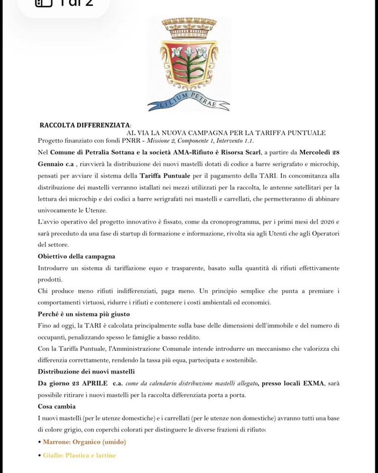 🟡AVVISO RITIRO NUOVI MASTELLI🟡 •Raccolta Differenziata• Giovedì 23 aprile e venerdì  24 aprile la società AMA-Rifiuto...